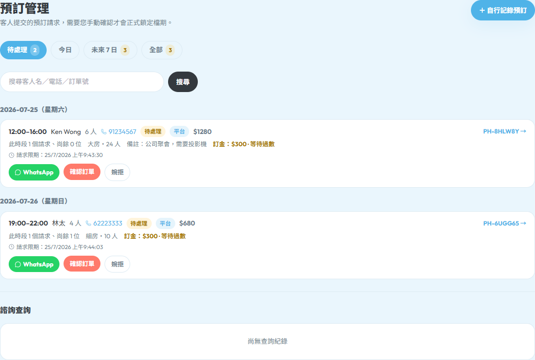 預訂收件匣待處理列表